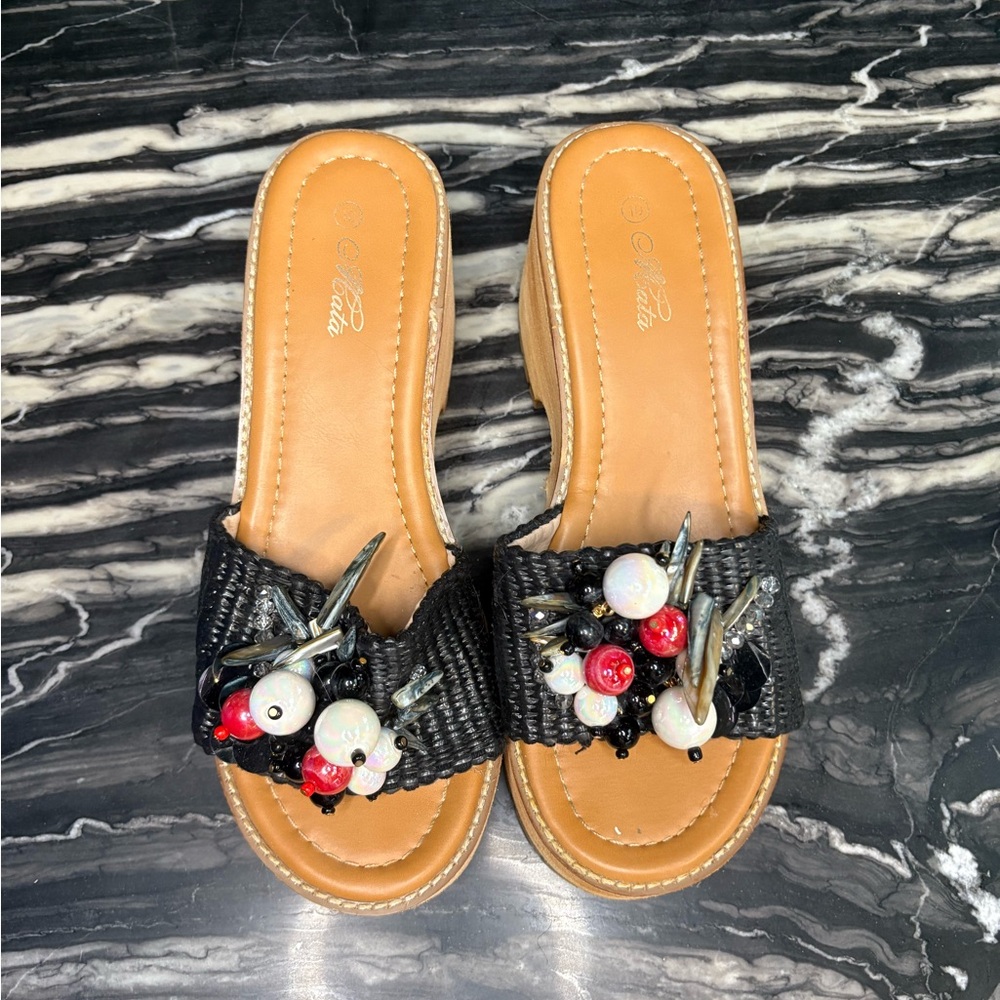 Chic Black Woven Slide Sandals with Floral Accents